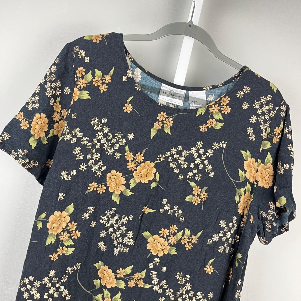 Studio Ease Vintage 90s Dress Womens 18W Black Orange Floral Rayon Boho Cottage